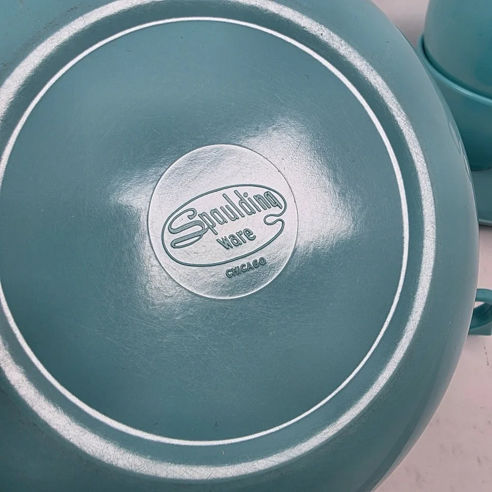 Vtg MCM‎ Spaulding Ware Turquoise Blue Melamine Cups & Saucers Lot of 5 Set
